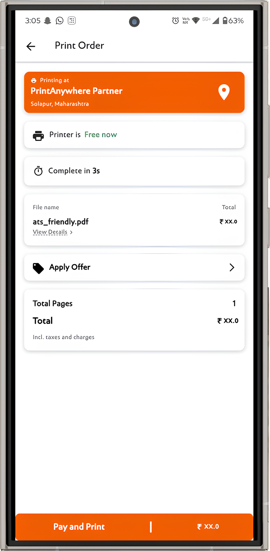 PrintAnywhere app on an Android phone